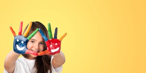 Cute little child with painted hands. Children's Day