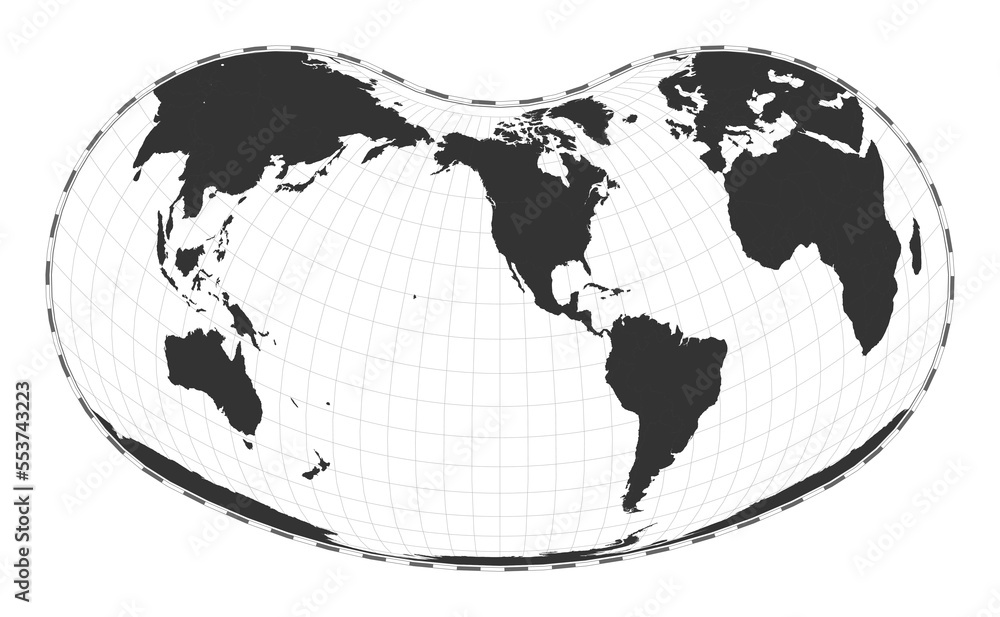 Poster vector world map. hill eucyclic projection. plan world geographical map with latitude/longitude line