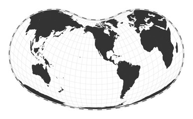 Vector world map. Hill eucyclic projection. Plan world geographical map with latitude/longitude lines. Centered to 120deg E longitude. Vector illustration.