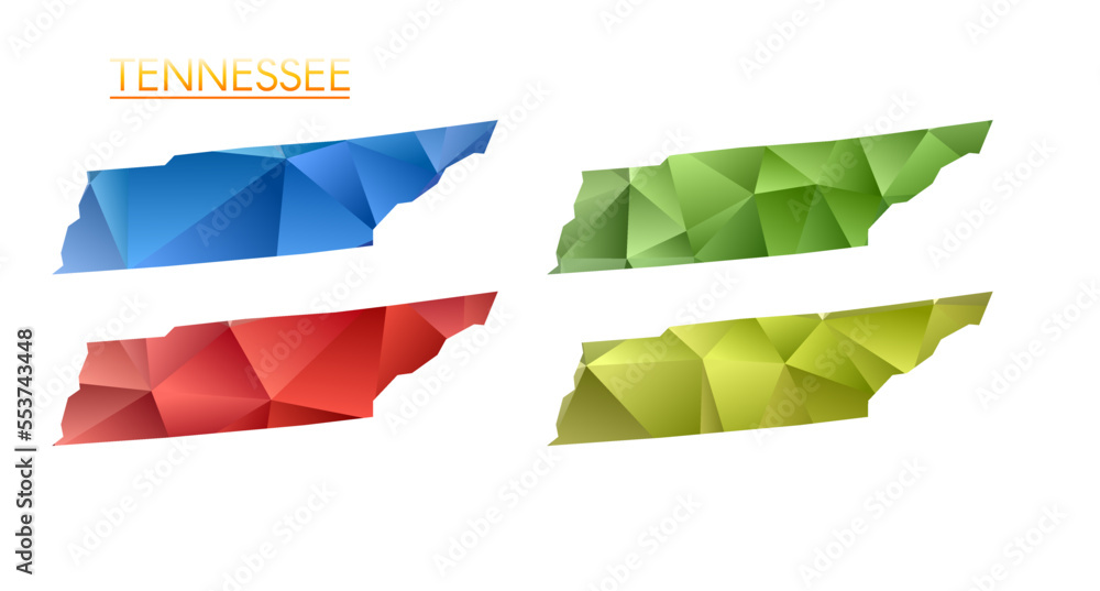 Poster set of vector polygonal maps of tennessee. bright gradient map of the us state in a low poly style. 