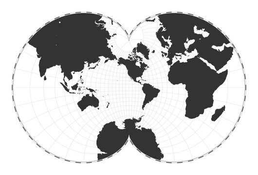 Vector world map. Eisenlohr conformal projection. Plan world geographical map with latitude/longitude lines. Centered to 120deg E longitude. Vector illustration.
