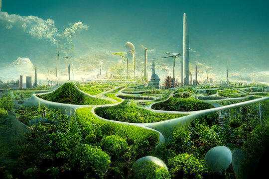AI Midjourney generated futuristic landscape illustrating green dystopian future business landscape 