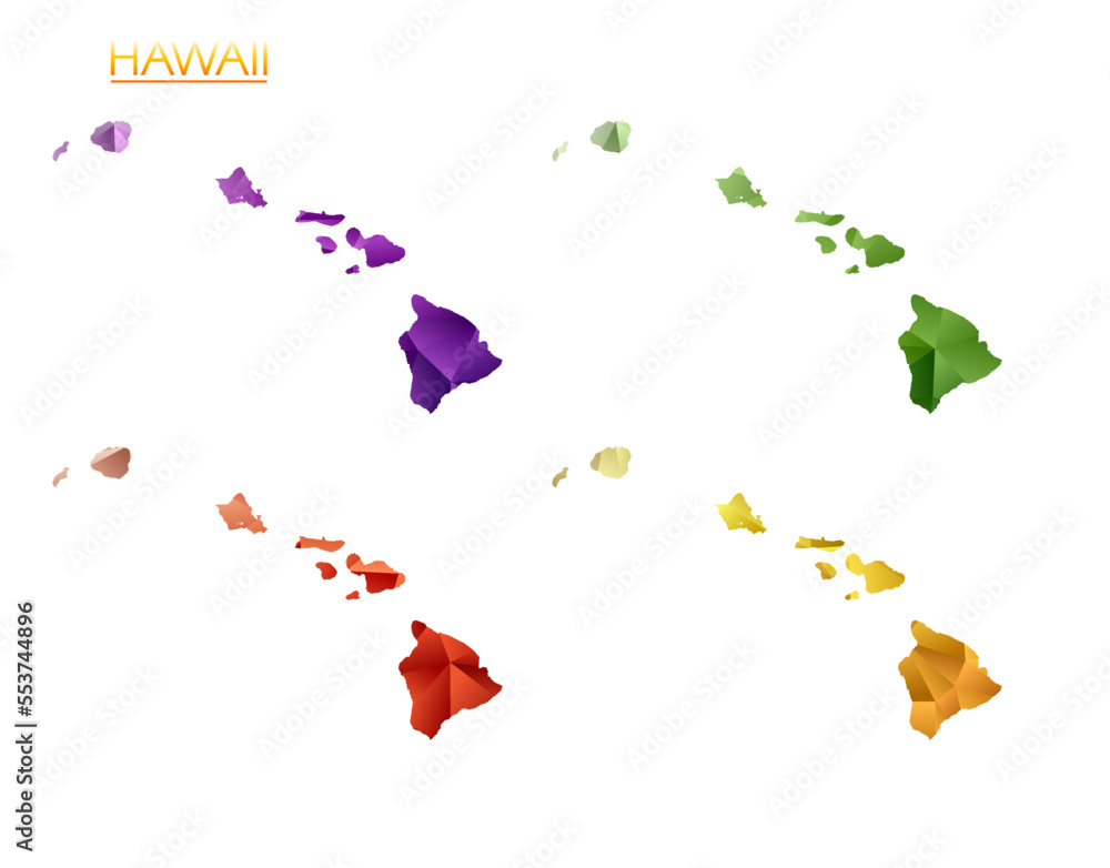 Poster set of vector polygonal maps of hawaii. bright gradient map of island in low poly style. multicolore