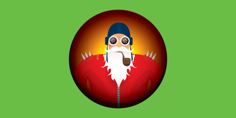 vector modern rock n roll santa claus with smoking pipe, santa beard and funky hat isolated on green christmas horizontal banner background with snowflakes. Horizontal Christmas hipster party poster