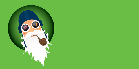 vector modern rock n roll santa claus with smoking pipe, santa beard and funky hat isolated on green christmas horizontal banner background with snowflakes. Horizontal Christmas hipster party poster