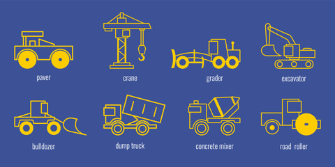 Icons of road construction machines on a colored background