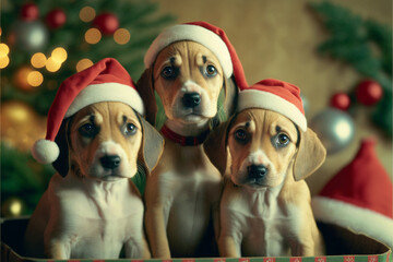 Cute dog in Santa Claus hat generative AI