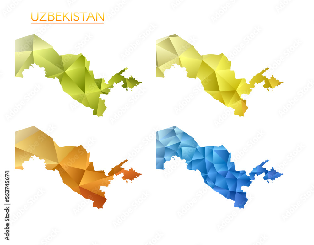 Poster set of vector polygonal maps of uzbekistan. bright gradient map of country in low poly style. multic