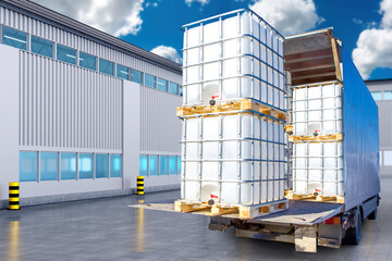Obraz premium Truck with large containers for liquids. Truck near warehouse. Pallets with container for liquid. Plastic barrels in metal mesh. Concept of production of plastic containers for liquids. 3d image.