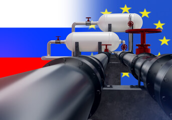 Oil pipeline with flag of Russia and European Union. Supply energy carriers to EU. Sale gas from Russia to Europe. Oil deliveries to European countries. Export of oil products from Russia. 3d image