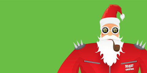 vector modern rock n roll santa claus with smoking pipe, santa beard and funky hat isolated on green christmas horizontal banner background with snowflakes. Horizontal Christmas hipster party poster