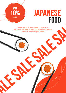 Flyer design with rolls. Japanese Asian food, restaurant lunch concept. Vector illustration. Banner, advertising, promotion.
