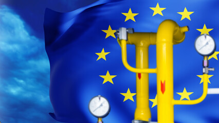 Yellow tubes with flag of Europe. Gas supplies to European Union. EU symbol in sky. Pipe for supply...