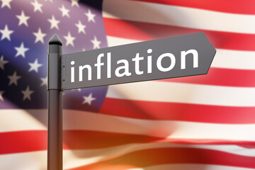 USA inflation. Flag America with inflation inscription. Problems of USA financial system. Economic recession. Forecast of crisis in United States of America. Road sign with word inflation. 3d image