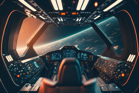 Futuristic spaceship cockpit interior. Future spacecraft control panels technology, space travel concept. Generative AI
