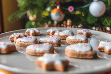 Christmas biscuits with a Christmas tree and snowman. White iced Christmas cookies in different sizes and shapes