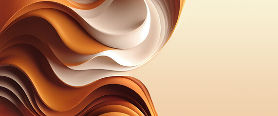 Smooth swirls and waves of creamy, brown and orange liquid splashes banner background with copy space in theme of coffee, milk and caramel as generative AI abstract illustration - 553746472