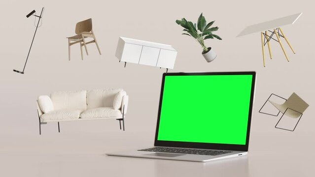 Laptop with blank green screen and flying furniture. Shopping online. Computer mock up, Chroma Key. Copy space for video, app, website presentation. Furnishings sale. interior project. E-commerce. 3D