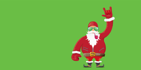 vector modern rock n roll santa claus with smoking pipe, santa beard and funky hat isolated on green christmas horizontal banner background with snowflakes. Horizontal Christmas hipster party poster