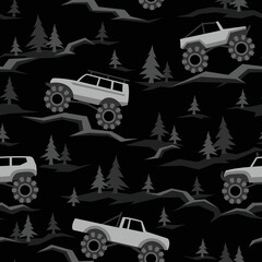 SUV off road cars seamless pattern with pines and stones. Endless fun cartoon texture for children fabric and fashion print. Vector background. © Алексей Панков