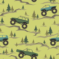 SUV off road cars seamless pattern with pines and stones. Endless fun cartoon texture for children fabric and fashion print. Vector background. © Алексей Панков