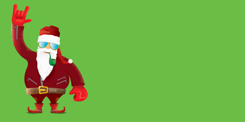 vector modern rock n roll santa claus with smoking pipe, santa beard and funky hat isolated on green christmas horizontal banner background with snowflakes. Horizontal Christmas hipster party poster