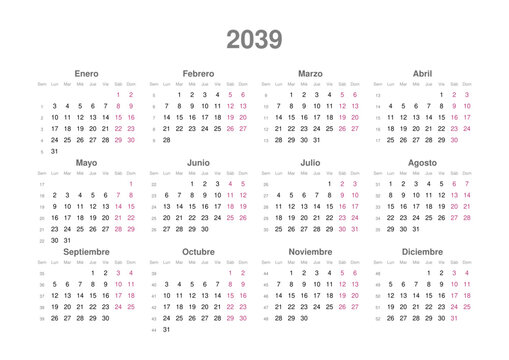 Kalender 2039, spanisch, Querformat