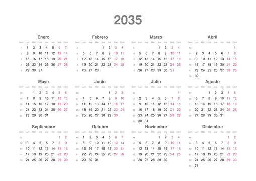 Kalender 2035, spanisch, Querformat
