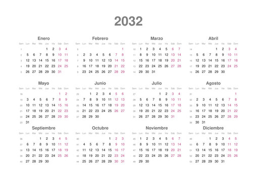 Kalender 2032, spanisch, Querformat