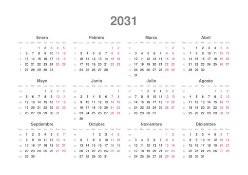 Kalender 2031, spanisch, Querformat