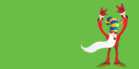 vector modern rock n roll santa claus with smoking pipe, santa beard and funky hat isolated on green christmas horizontal banner background with snowflakes. Horizontal Christmas hipster party poster