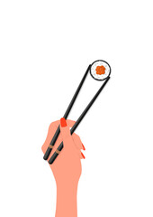 A woman's hand holding roll sticks. Sushi restaurant concept, seafood, Asian, Japanese food on white background. Vector