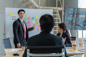 A group of young Asian businessmen Talking and planning work happily and have fun. at the company's office