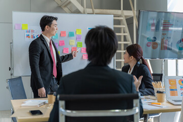 A group of young Asian businessmen Talking and planning work happily and have fun. at the company's office