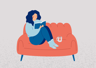 Woman reading book at home in the evening. Happy female person resting on comfy sofa with literature and coffee. Relaxation and care self time concept. Mental wellbeing vector illustration - 553748055