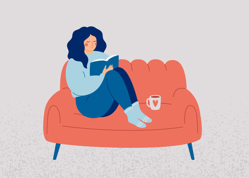 Woman reading book at home in the evening. Happy female person resting on comfy sofa with literature and coffee. Relaxation and care self time concept. Mental wellbeing vector illustration