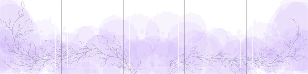 Set of elegant luxury purple watercolor background for Instagram, Social Media Post, Banner, Microblog, Carousel Template. Watercolor splash and silver flowers. 5 vertical sections, 4:5. Vector