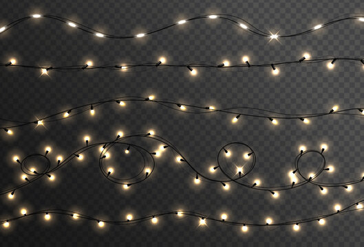 Christmas lights isolated realistic design elements. Christmas garland. Glowing yellow light bulbs with sparkles. Xmas, New Year, wedding or Birthday decor.