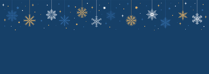 Naklejka na ściany i meble Christmas frame with gold, white and blue snowflakes on a blue background with copy space. Vector illustration
