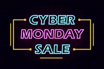 Obraz premium Cyber Monday concept banner in fashionable neon style. Neon Cyber Monday Banner. Text and Title of Cyber Monday