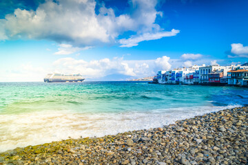 Obraz premium seaside at Little venice district of Mykonos island with cruise ship, Greece, toned