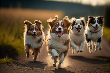 group of dogs happily run, ai art