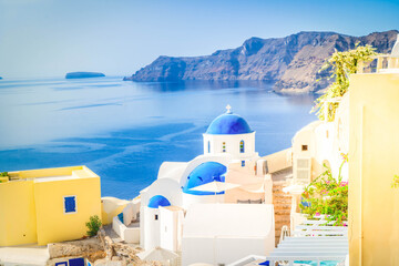 church belfry and volcano caldera with sea landscape, beautiful details of Santorini island,...