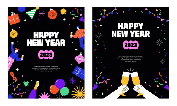 Happy new year. Merry joyful men and women rejoicing at festive winter party. Colorful 2023 celebration. Banner, flyer, greeting card, media post template, Modern style. Flat vector illustration.