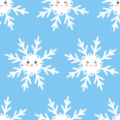 Seamless pattern with cute cartoon snowflakes: smiling, laughing, rejoicing,sleeping.