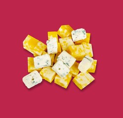 Tasty fresh cheese cubes on the desk