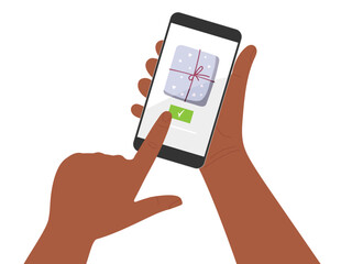 Person makes order in online store. Hands hold cell phone. Online gift order on screenshot. Online shopping. Vector flat illustration. Internet shop, customer service, Smartphone apps concept.