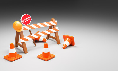 set of realistic cones traffic, safety hat, road work safety sign to indicate accident or red striped white road mark. 3d rendering
