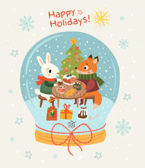 Christmas card. Fox and snowman. A toy. Snowball. - 553750890