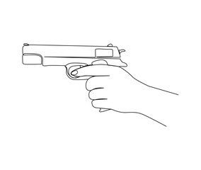 Continuous one line drawing of hand holding Gun. Hand Gun single line art vector design. Military concept.
